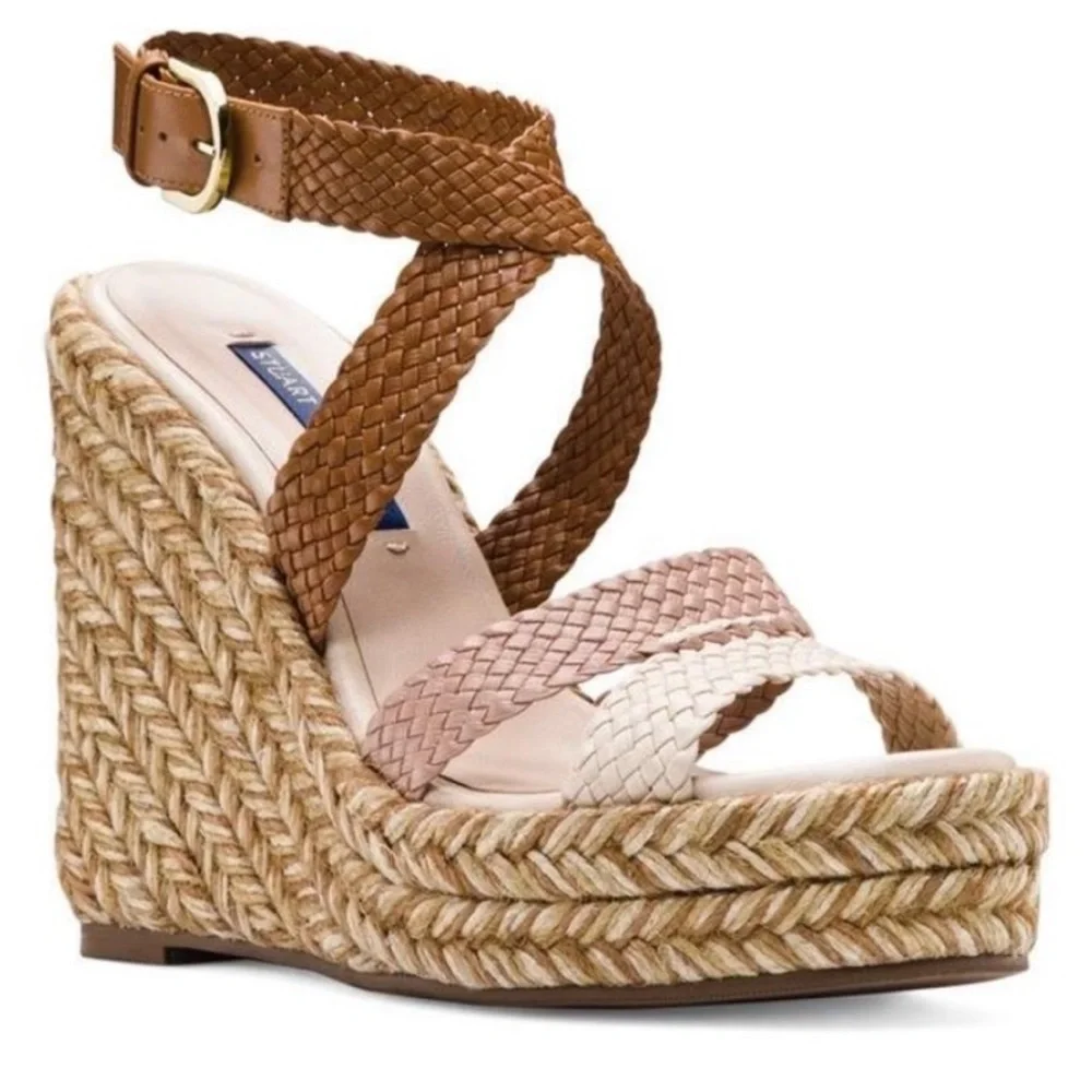 Stuart Weitzman Elsie Wedge Sandal SZ 8 Beige Combo Woven
